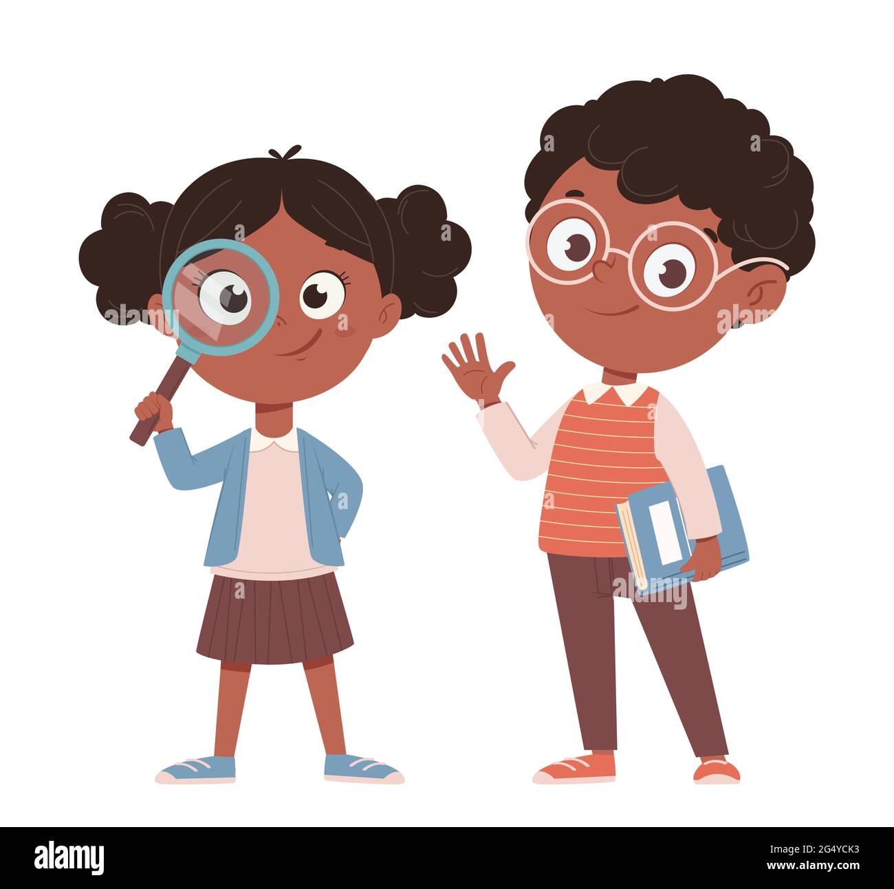 Concept de retour à l'école. Joyeux écolier et écolier afro-américain. Personnages de dessin animé mignons. Illustration vectorielle Illustration de Vecteur