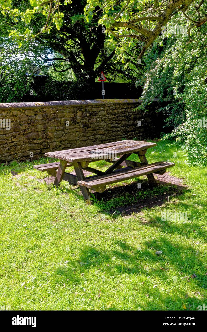 Aire de pique-nique ombragée avec table et bancs - Beamish, comté de Durham, Angleterre, Royaume-Uni Banque D'Images