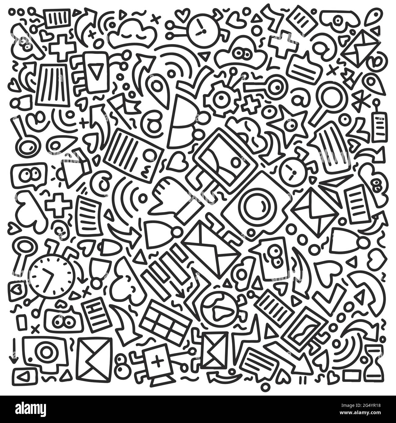 Composition carrée à motif de caniche sur les réseaux sociaux. Illustration vectorielle avec icônes dessinées à la main Illustration de Vecteur