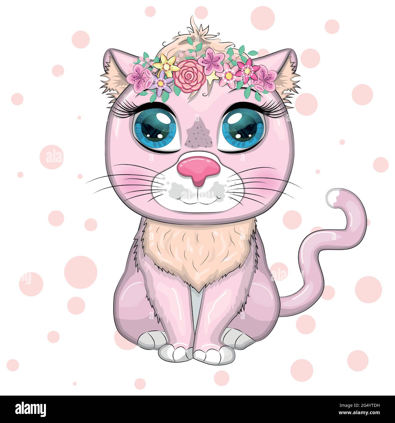 Mignon Dessin Anime Rose Chat Chaton Avec Les Yeux Expressifs Parmi Les Fleurs Les Coeurs Les Elements Decoratifs Image Vectorielle Stock Alamy