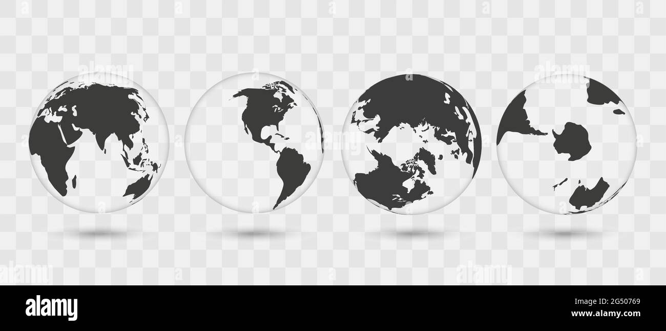 Ensemble de globes transparents de la Terre. Carte du monde réaliste en forme de globe avec texture et ombre transparentes. Illustration de Vecteur