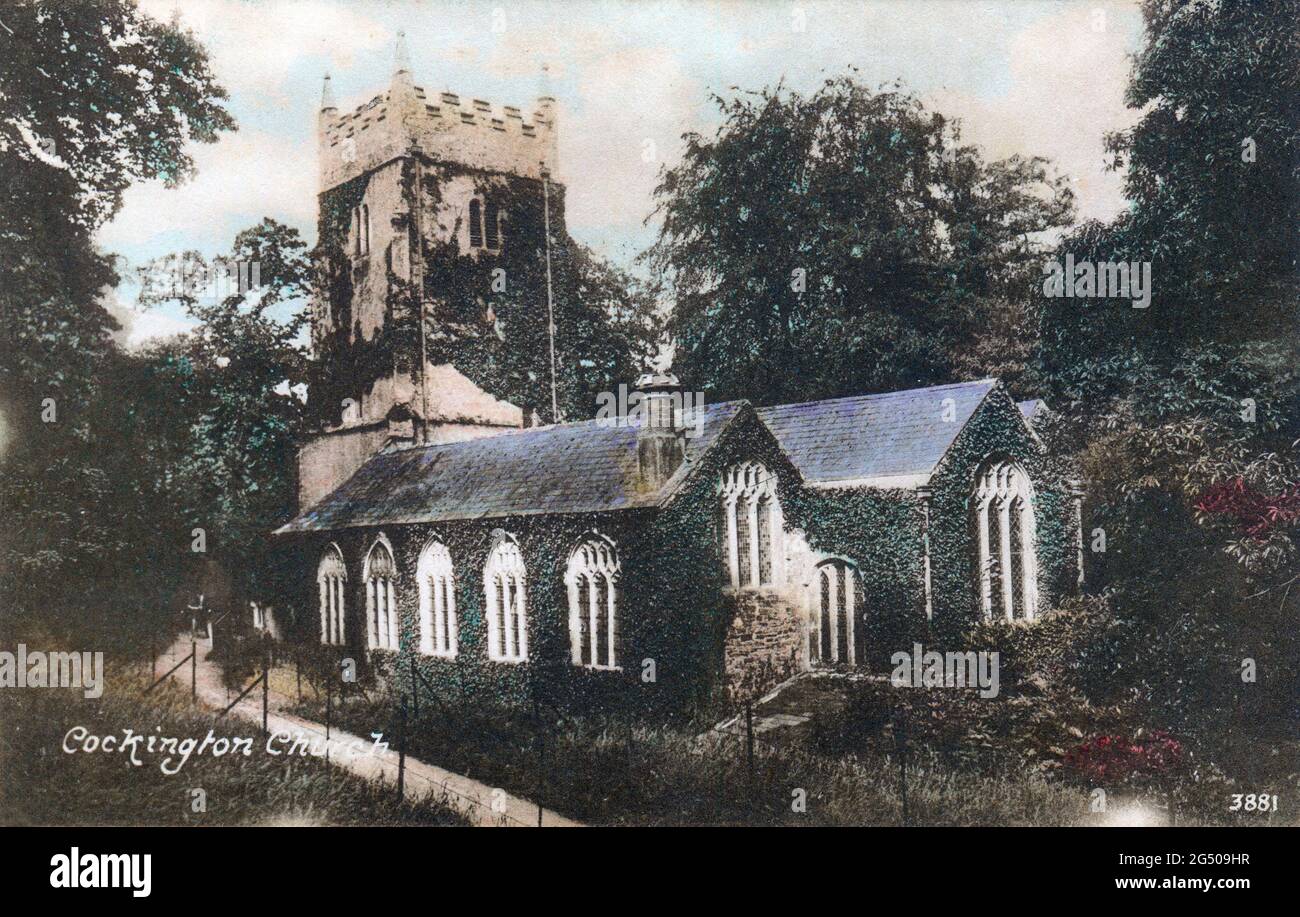 Carte postale antique intitulée "Cockington Church". Devon, Angleterre. Banque D'Images