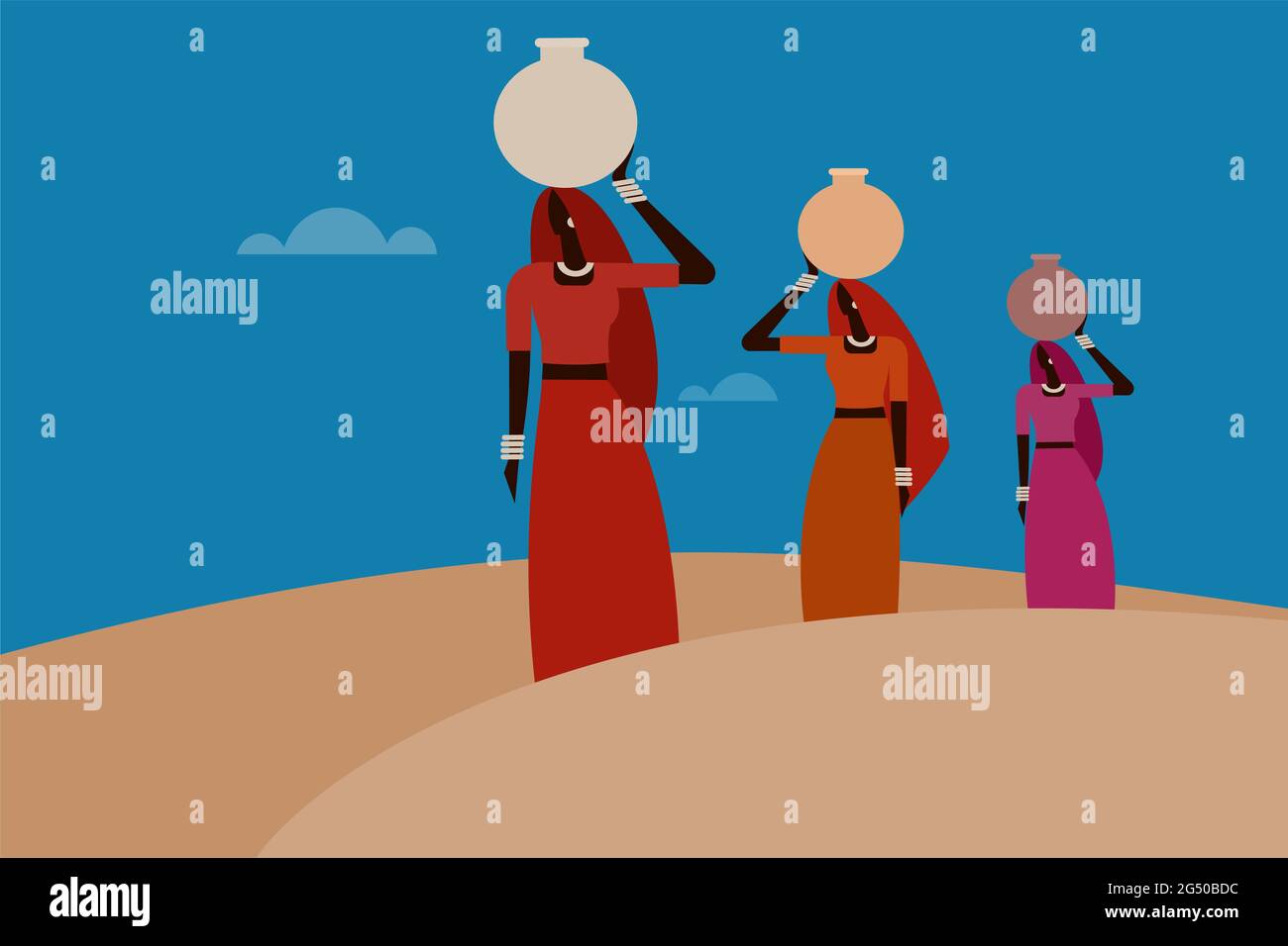 Les femmes portant des pots d'eau sur leur tête marchent dans le désert Illustration de Vecteur