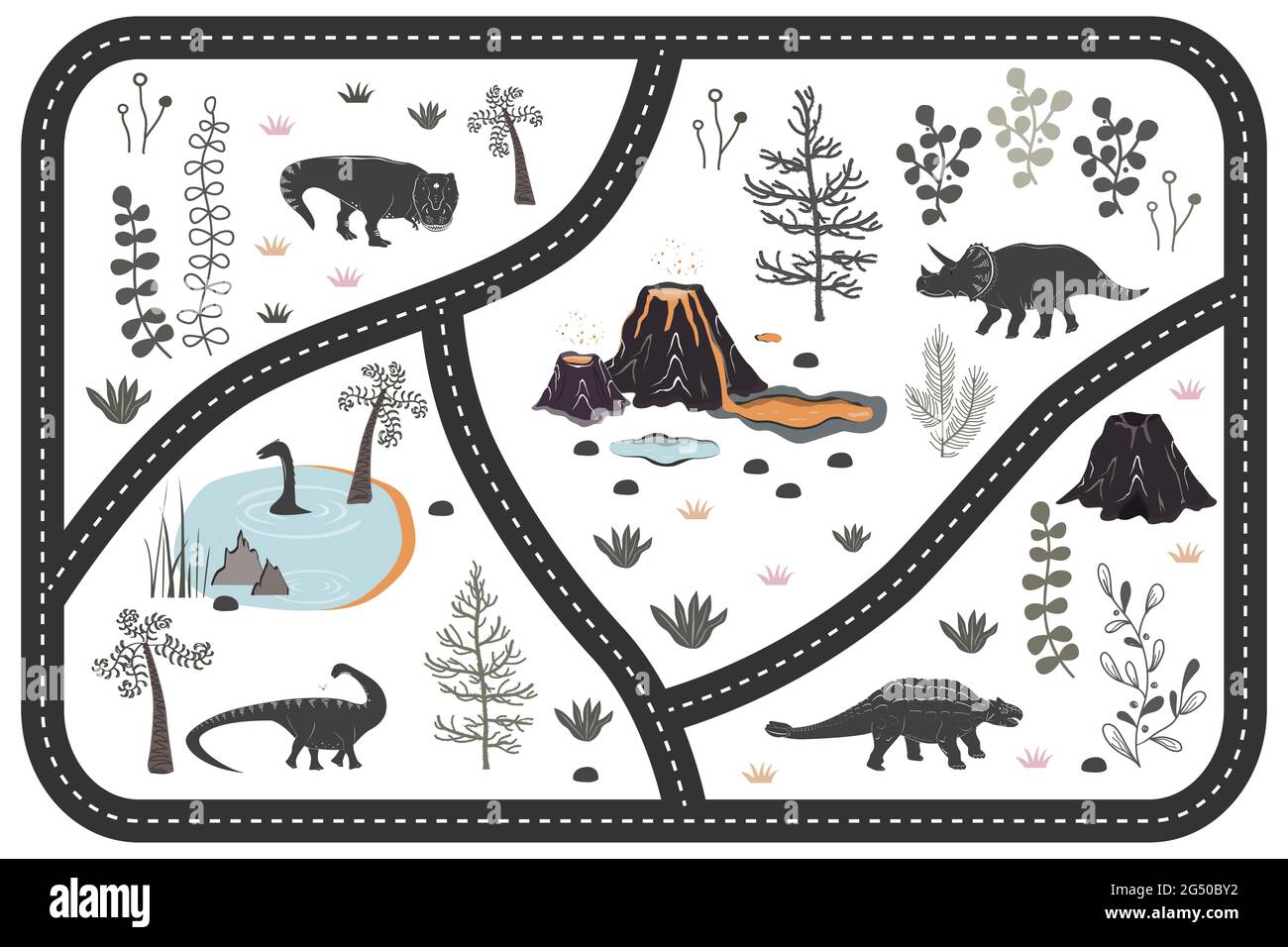 Tapis de jeu pour enfants avec dinosaures, palmiers et montagnes de volcan. Illustration vectorielle, moquette ou affiche murale. Dino de fond pour le Illustration de Vecteur