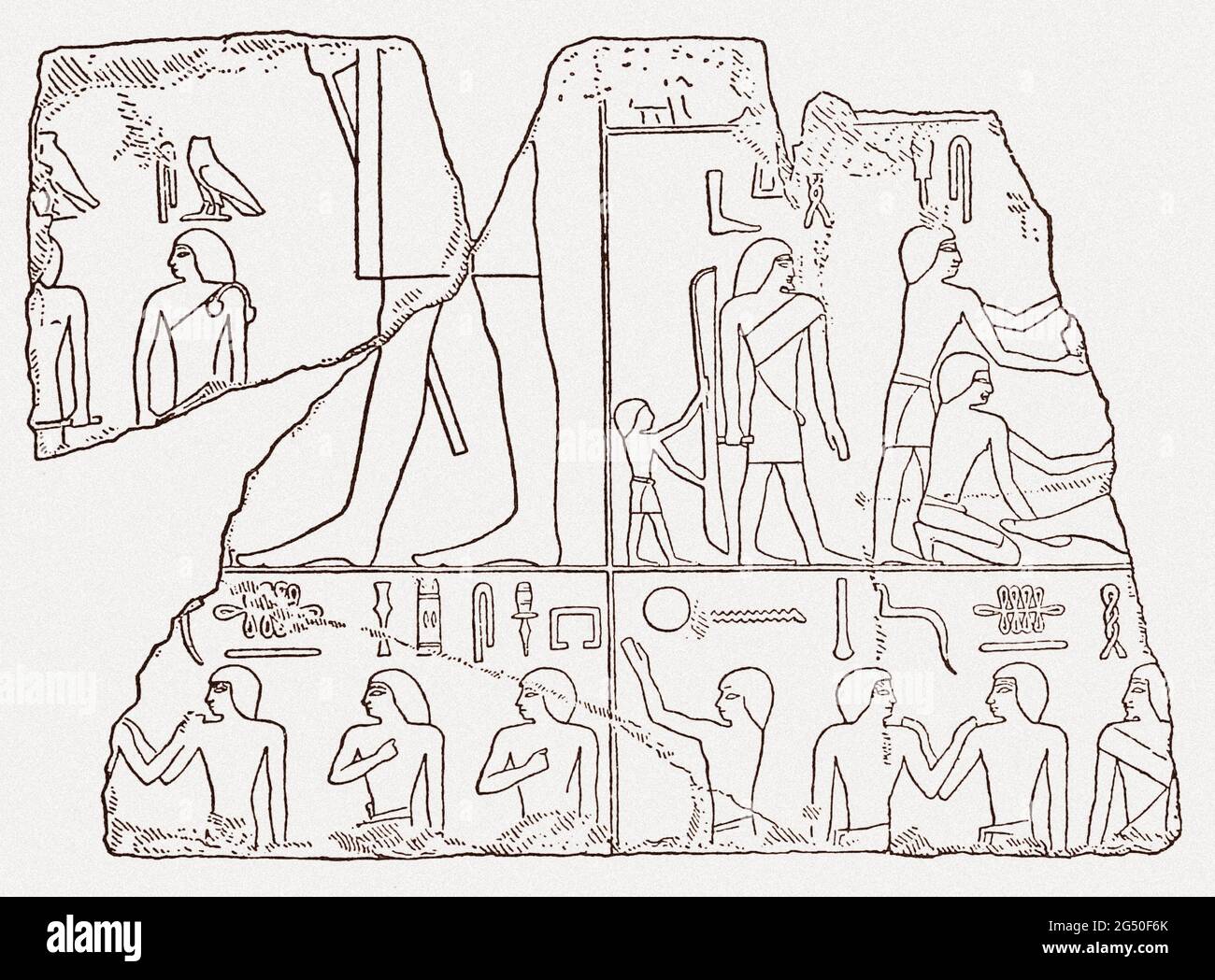 Epypt antique. Les bâtisseurs de pyramide. Scènes de relief du temple du Soleil de Nuserre à Abusir. Dans le coin supérieur droit, l'onction du Phar Banque D'Images