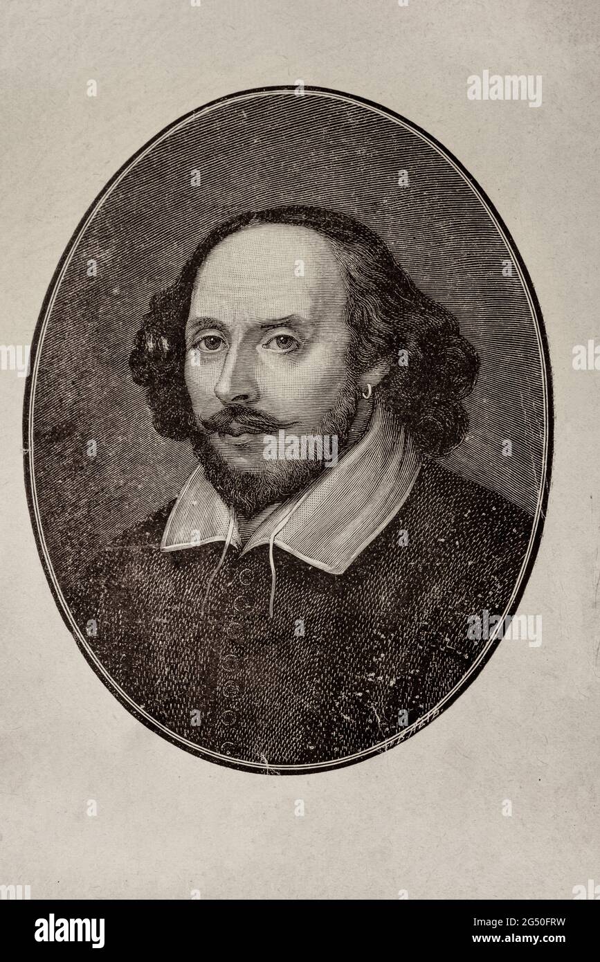 Gravure ancienne de William Shakespeare William Shakespeare (baptême. 26 avril 1564 – 23 avril 1616) était un dramaturge, poète et acteur anglais Banque D'Images