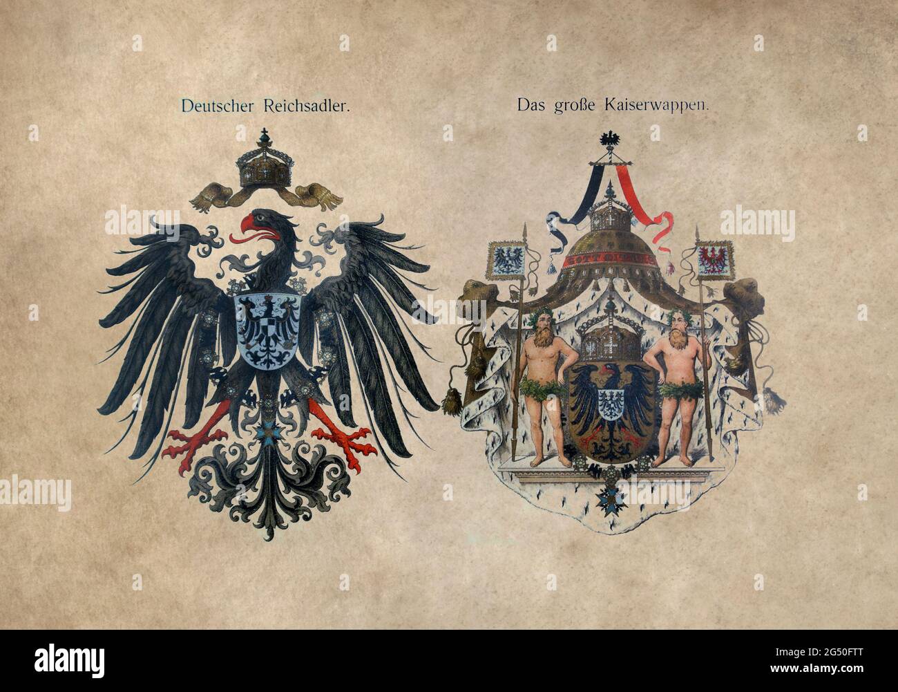 Ancien dessin de la plus petite blason de l'empereur allemand et de la plus grande blason de l'empereur allemand: armoiries impériales de sa Majesté Banque D'Images