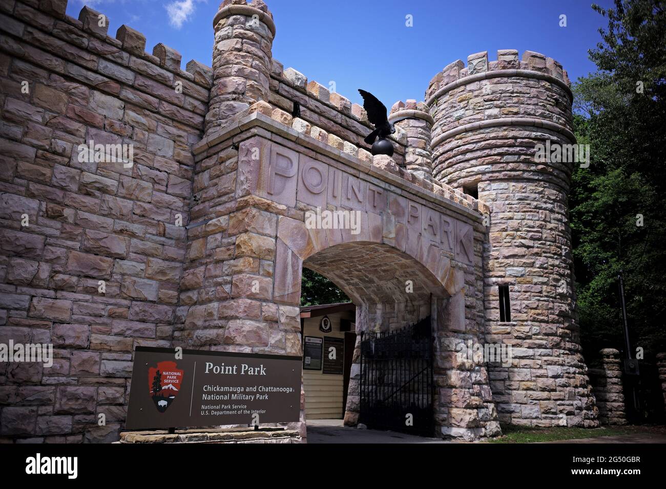 Entrée à point Park, au-dessus de Moccasin Bend et Chattanooga sur Lookout Mountain, Tennessee. Banque D'Images