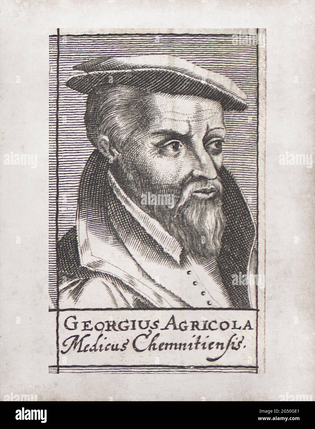 Gravure du portrait de Georgius Agricola. xvie siècle. Georgius Agricola (né Georg Pawer ou Georg Bauer, 1494 – 1555) est un érudit humaniste allemand, Banque D'Images