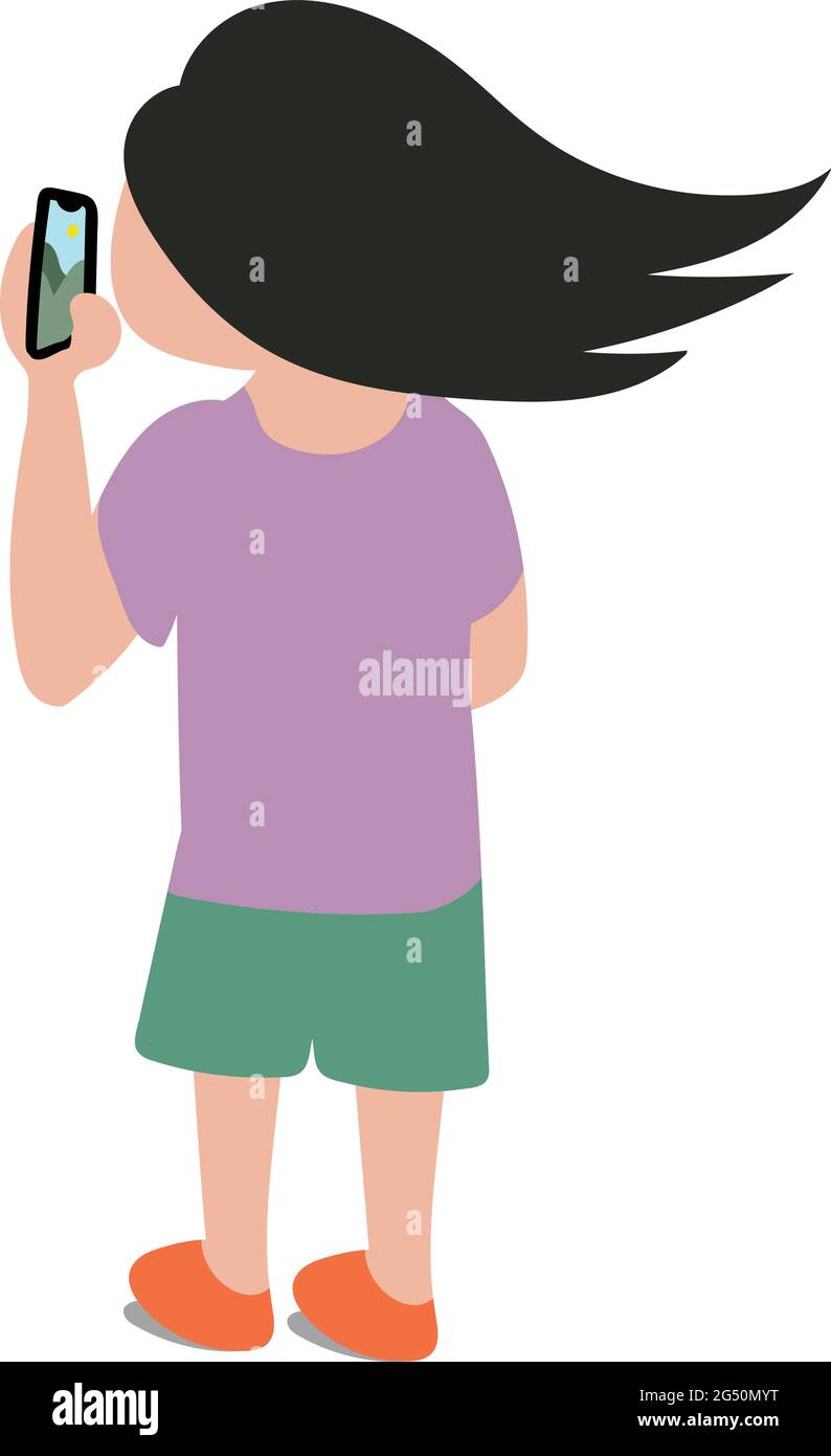 Fille voyageant dans le monde entier avec un smartphone à la main prenant des photos de la nature. Photographie de voyage, photographie de la nature avec téléphone mobile. Illustration de Vecteur
