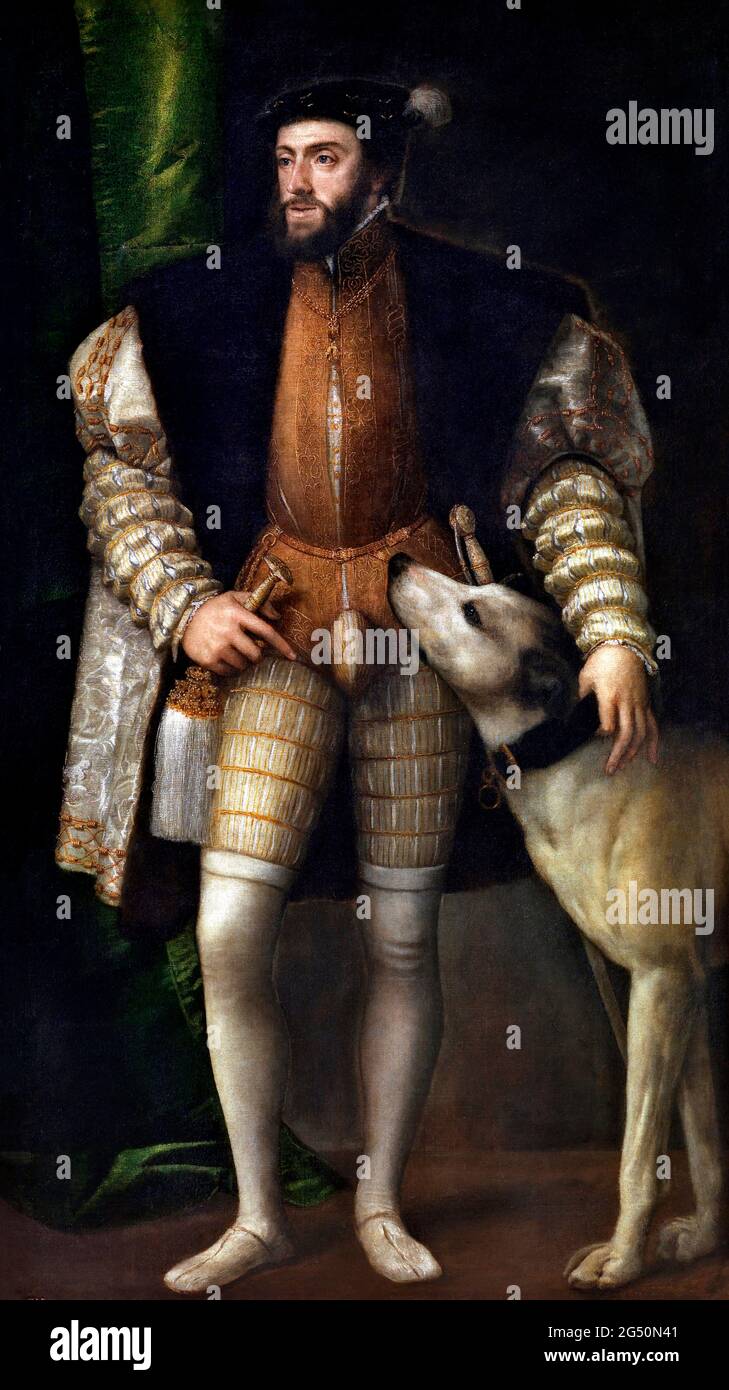 Empereur Charles V avec un chien de Titien (Tizian Vecellio: 1490-1576), huile sur toile, 1533 Banque D'Images