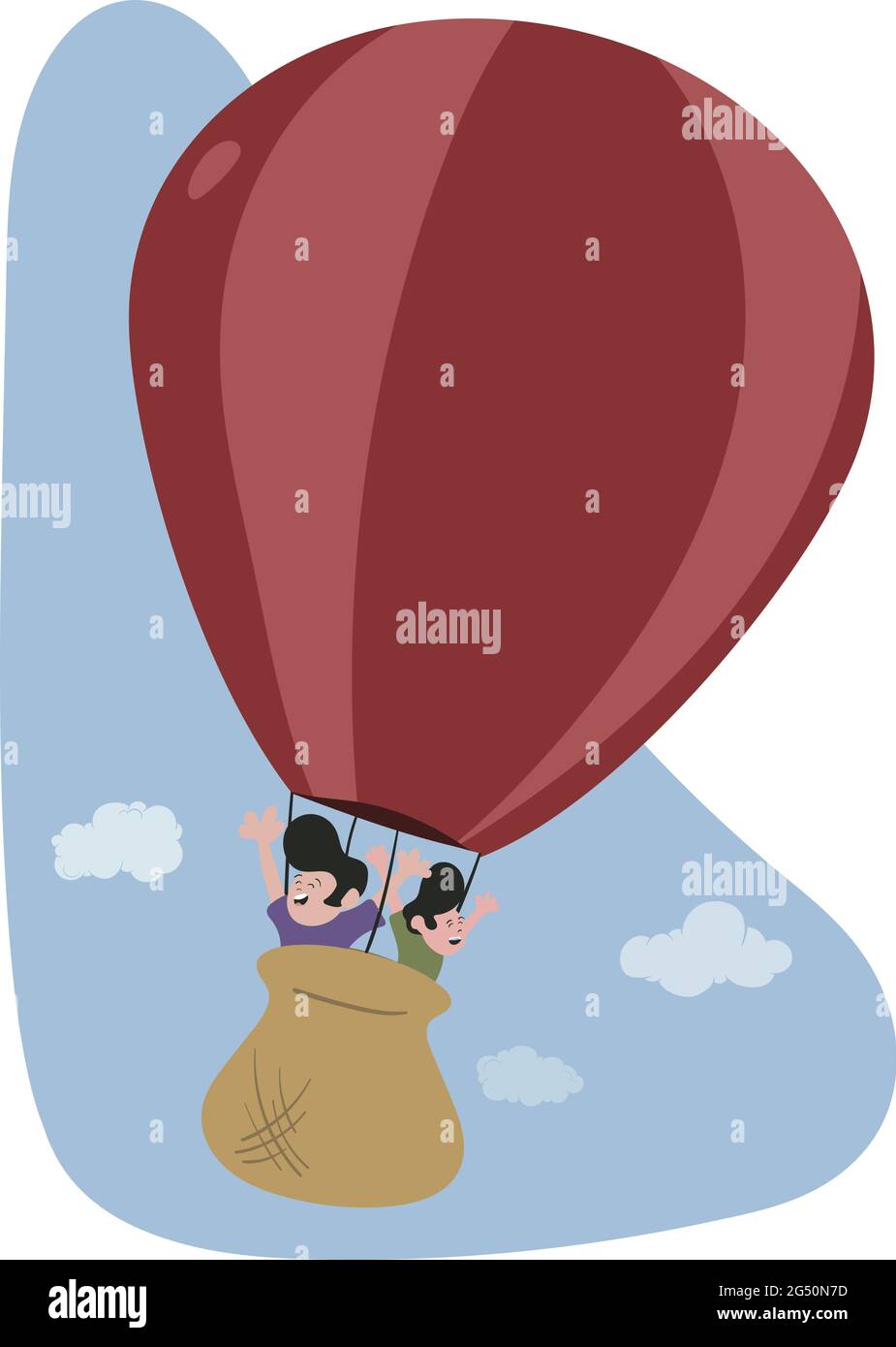 Ballon d'air chaud rouge avec 2 personnes volant à travers le ciel. Fond bleu ciel avec nuages. Activités de vacances pour l'aventure et le tourisme. Illustration de Vecteur