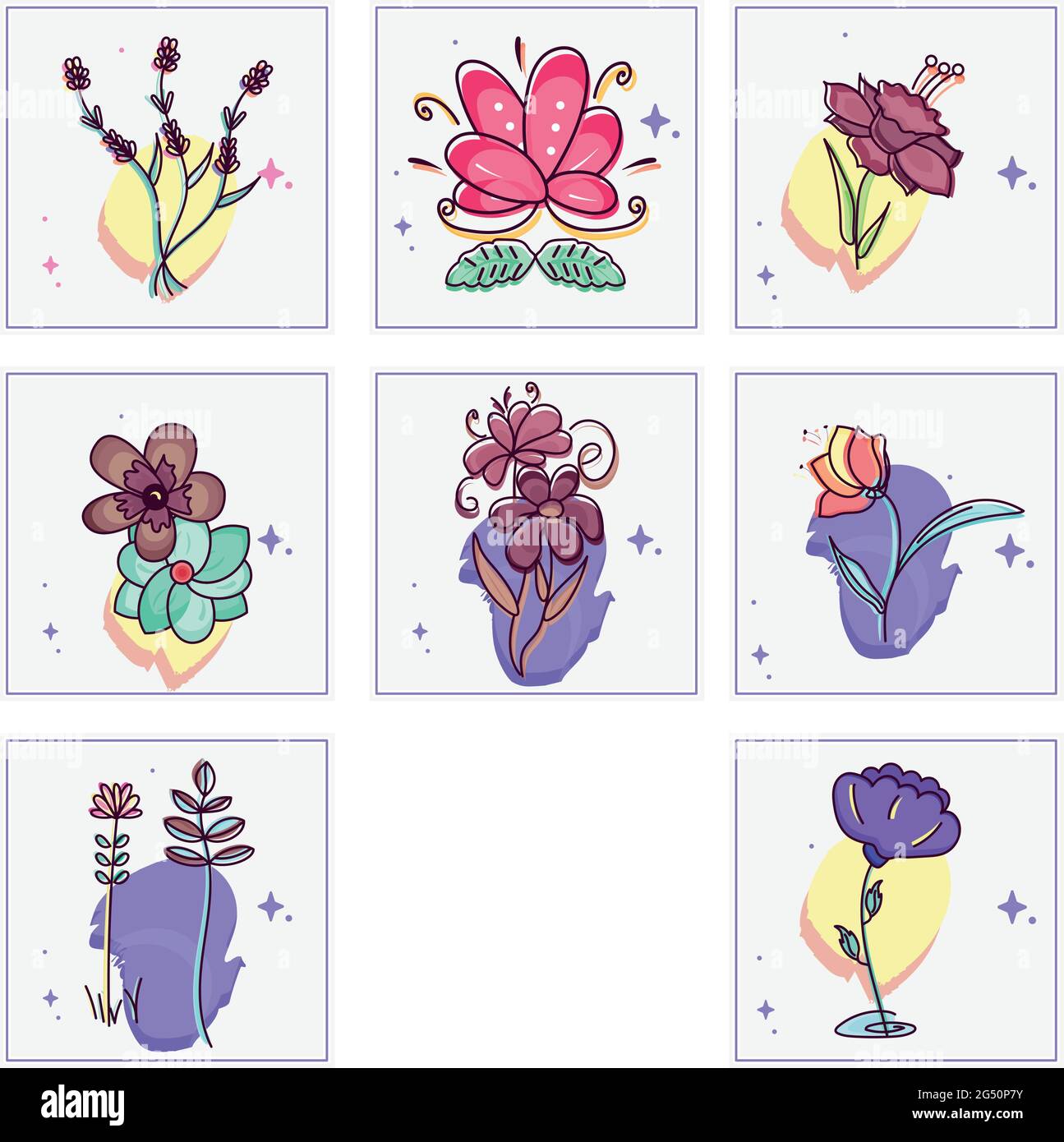 Ensemble de fleurs colorées dessinées à la main Illustration de Vecteur