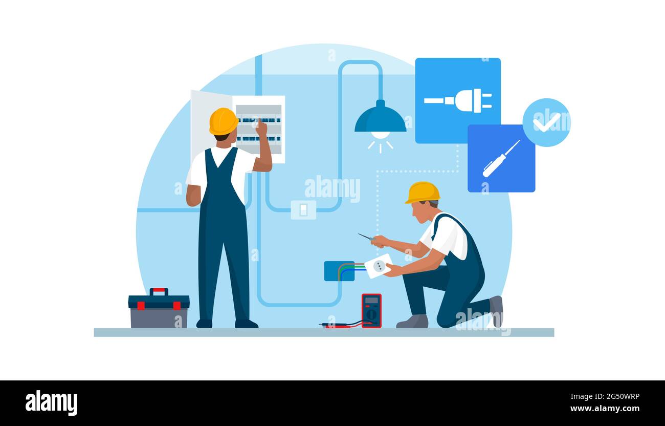 Électriciens professionnels au travail, ils vérifient le système électrique et installent une prise Illustration de Vecteur