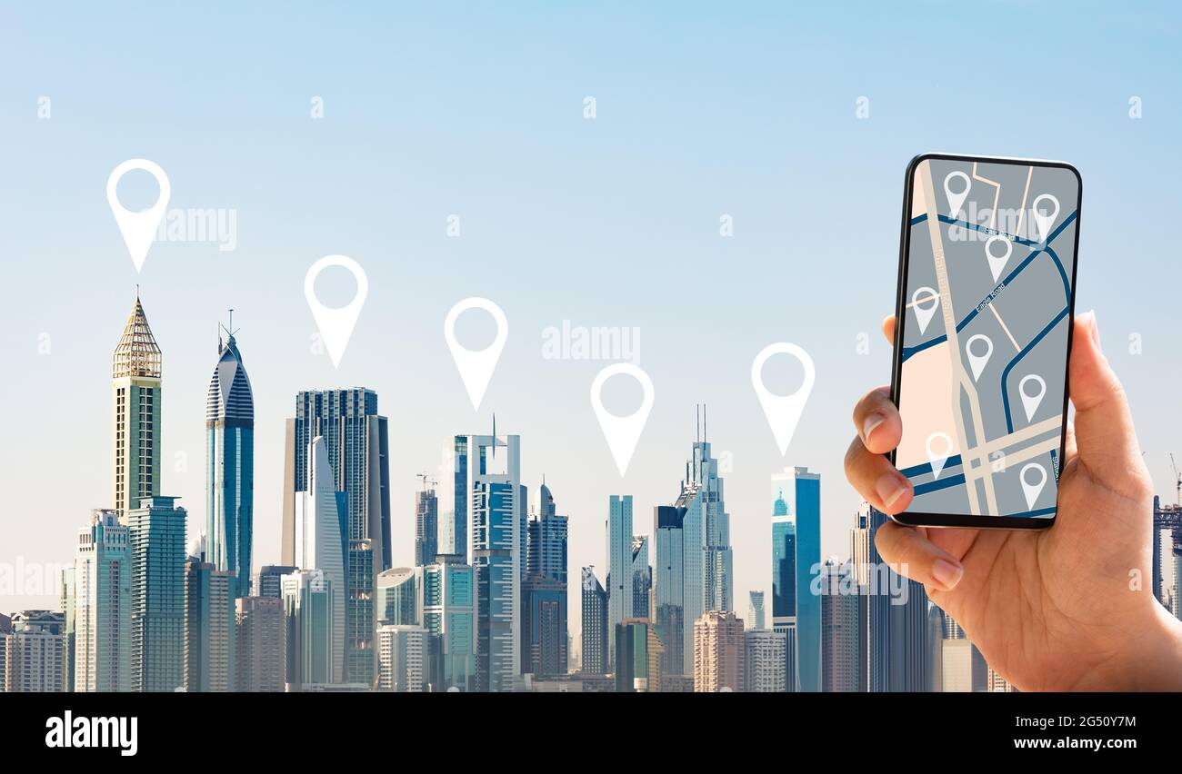 Application de technologie GPS basée sur la localisation numérique de Dubaï Banque D'Images