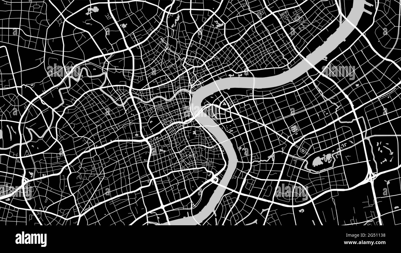 Illustration de la carte d'arrière-plan vectorielle de la ville de Shanghai en noir et blanc, des rues et de la cartographie de l'eau. Format écran large, design numérique plat Illustration de Vecteur