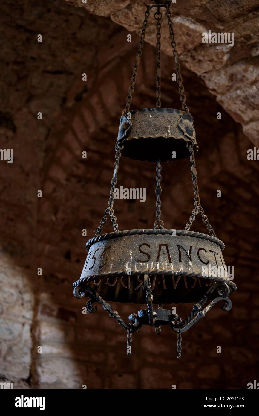 Détail de l'intérieur de l'église et du monastère Sant Llorenç del Munt, au sommet de la Mola (Barcelone, Catalogne, Espagne) Banque D'Images