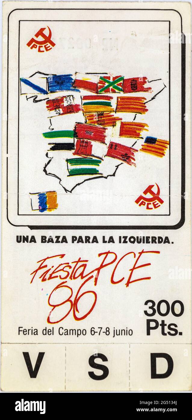 Fiesta PCE 1986, Feria del Campo, Festival Ticket Stubs, Music concert Memorabilia , Madrid, Espagne Banque D'Images