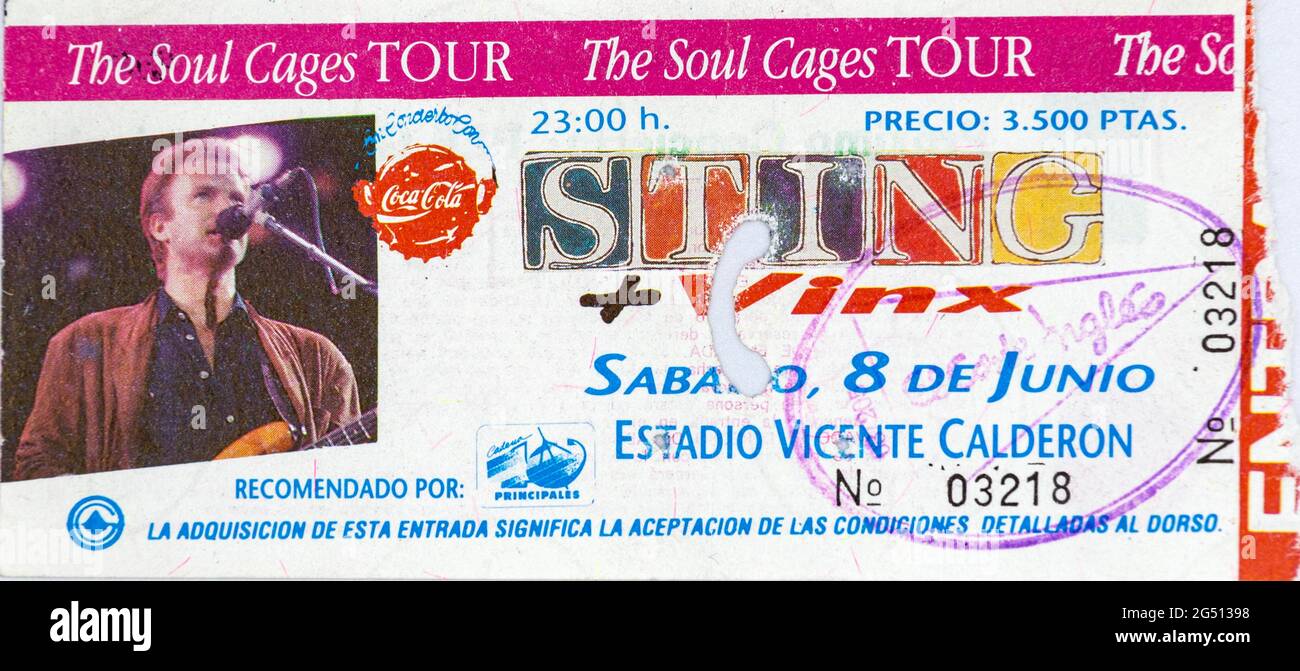 Sting, The Soul cages Tour, juin 1991, billets de concert Stubs, musique concert Memorabilia , Madrid, Espagne Banque D'Images