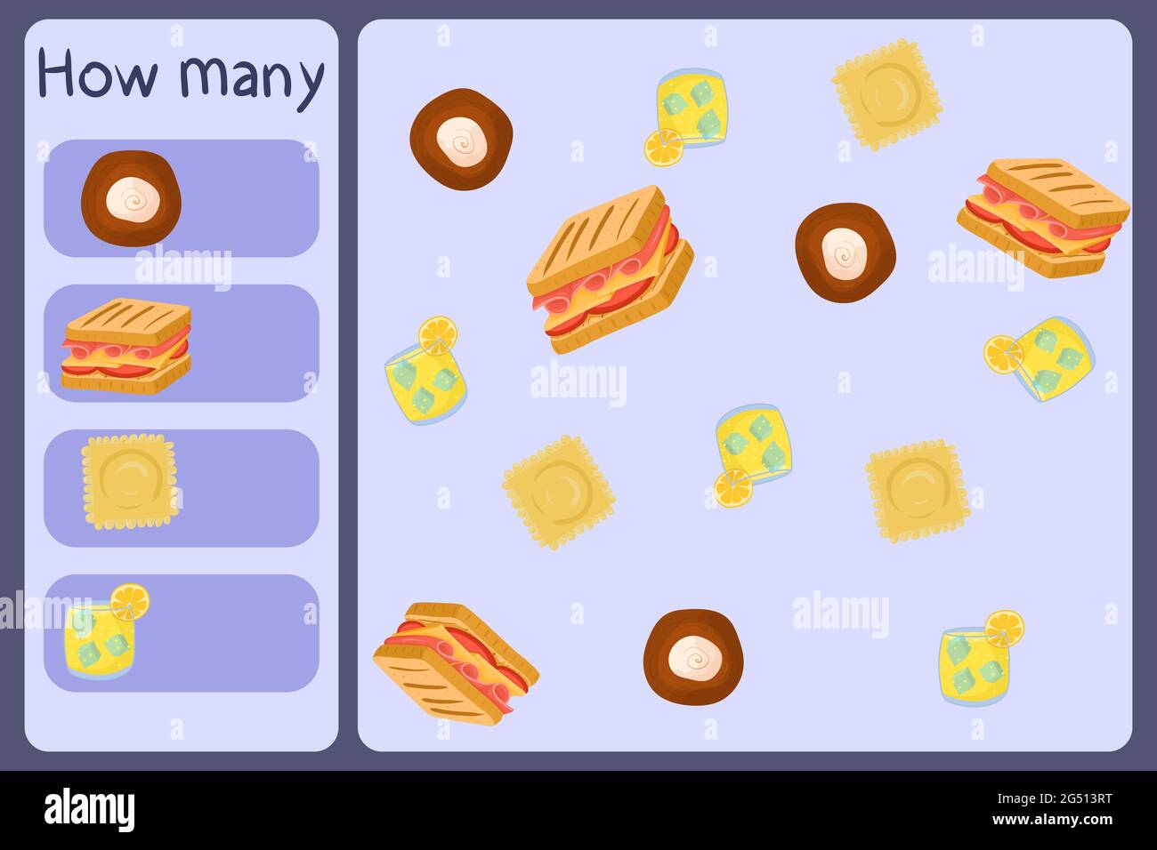 Mini jeu mathématique pour enfants - comptez combien d'aliments - petits pains, sandwich, raviolis, limonade. Jeux éducatifs pour enfants. Modèle de dessin animé sur fond coloré. Graphique vectoriel. Illustration de Vecteur