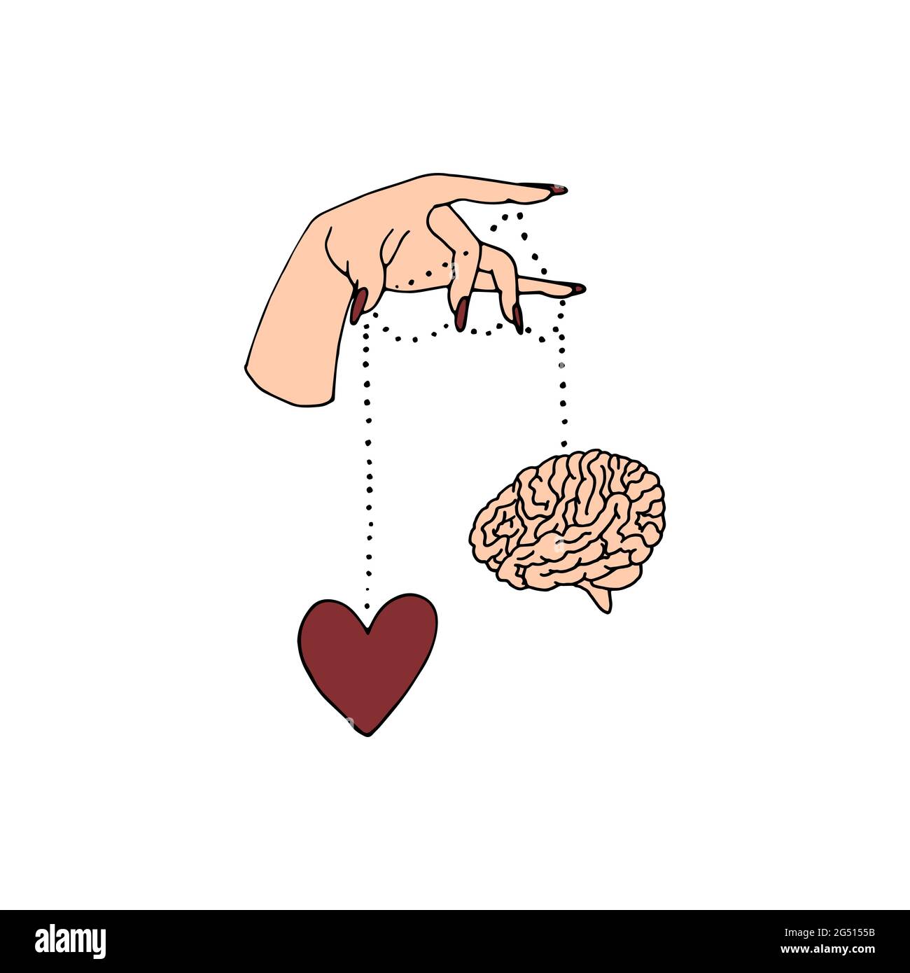Illustration de l'art de ligne des mains de femmes dessinées à la main tenant le coeur et un cerveau. Illustration de Vecteur