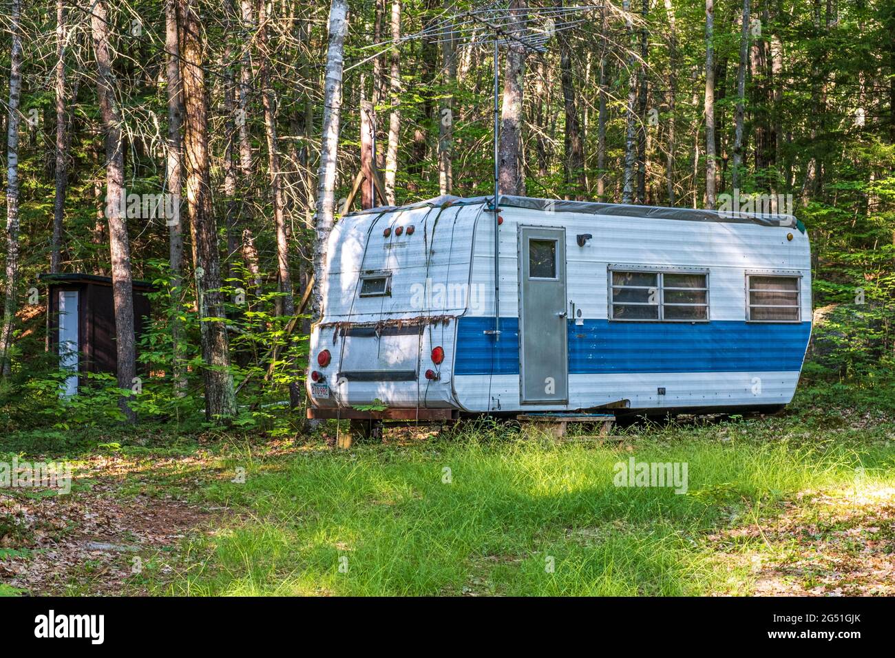 Une vieille remorque garée dans les bois avec un toit de terrasse - peut-être quelqu'un vit ici? Banque D'Images