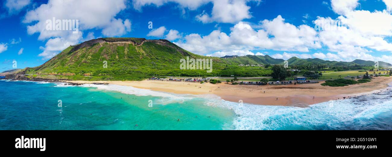 Vue aérienne de la plage de sable, Hawaii Kai, Honolulu, Oahu, Hawaii, ÉTATS-UNIS Banque D'Images