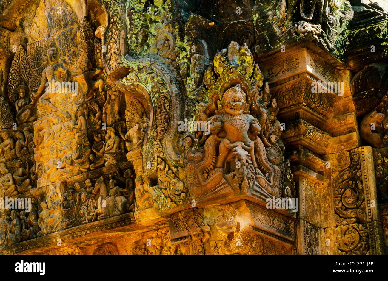 Détail extérieur du temple Bantaey Srei, Angkor Wat, Siem Reap, Cambodge Banque D'Images