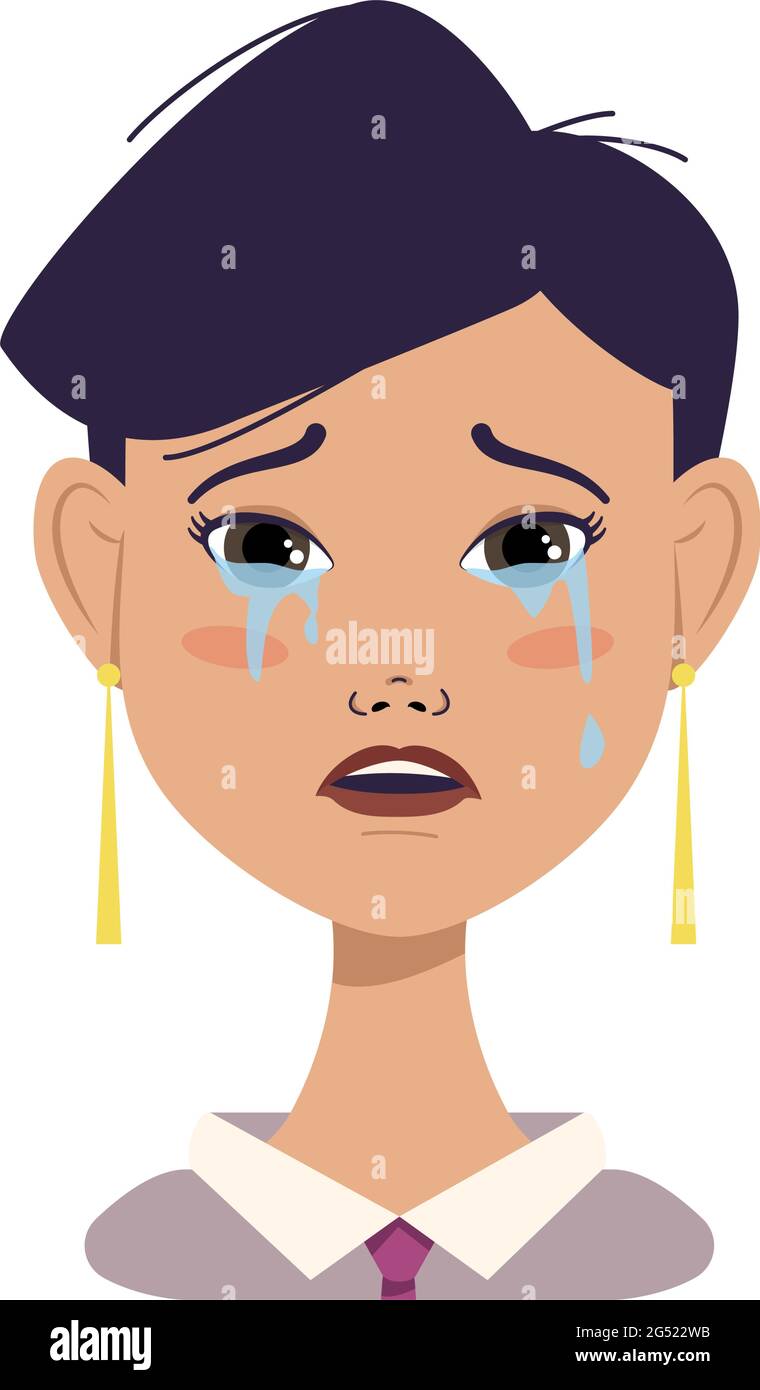 Triste avatar de femme avec des cheveux courts et branchés noirs, pleurs visage et des émotions malheureuses Illustration de Vecteur