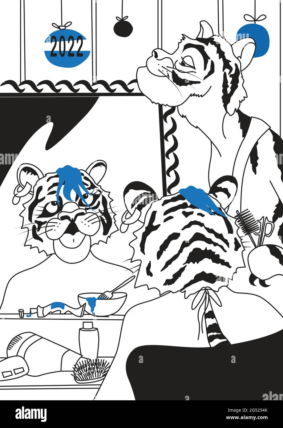 Teinture de poils de tigre bleu. Symbole nouvel an 2022. Imprimé carte vectorielle d'illustration de salon de beauté. Humour amusant, préparation pour les vacances. Décoration Christma Illustration de Vecteur