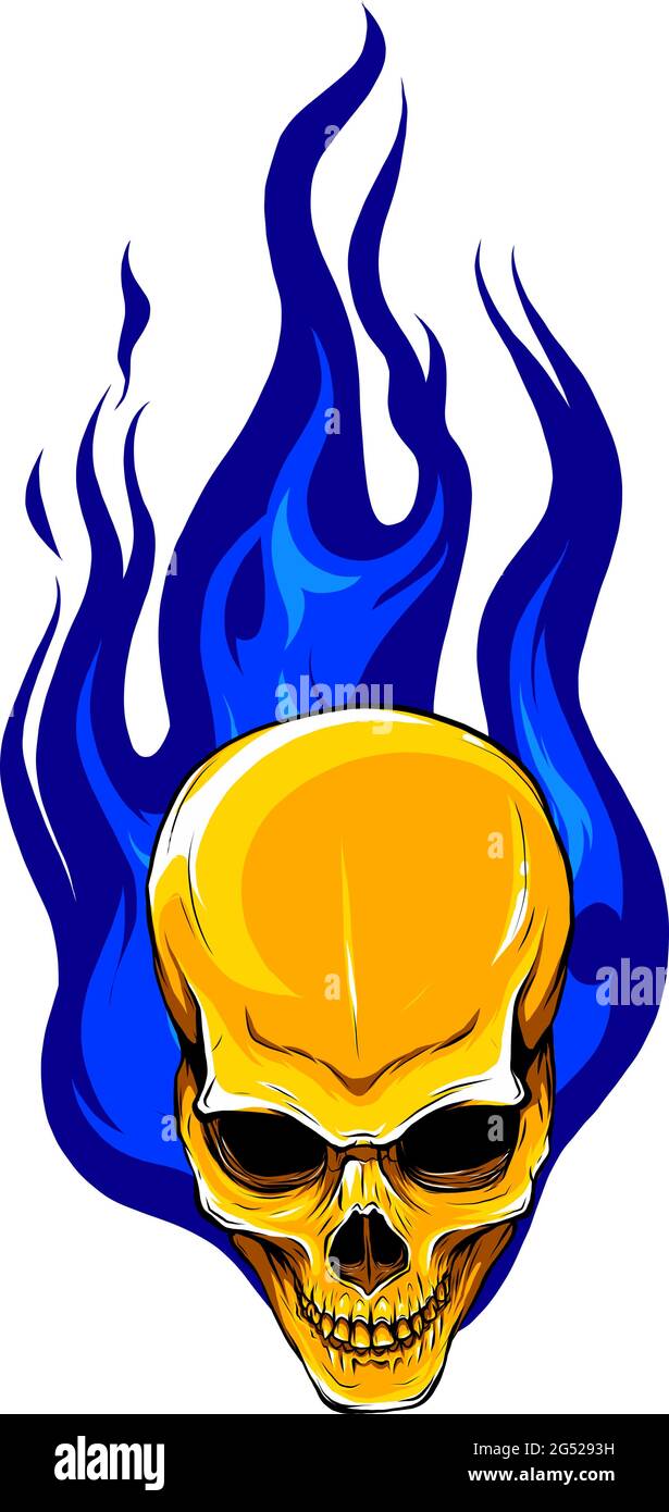 crâne humain doré avec flammes bleues et illustration du vecteur de feu Illustration de Vecteur