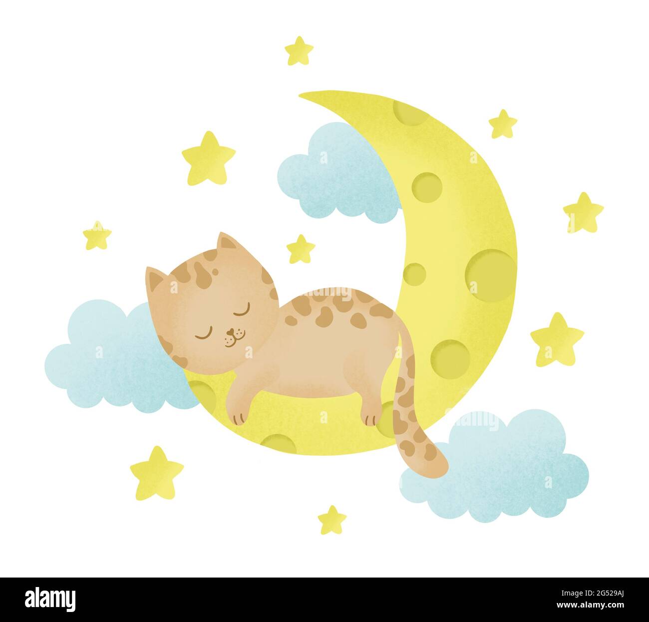Joli petit chat dormant sur la lune, illustration, œuvres d'art de mode pour enfants, motifs pour bébés pour fonds d'écran et imprimés. Banque D'Images