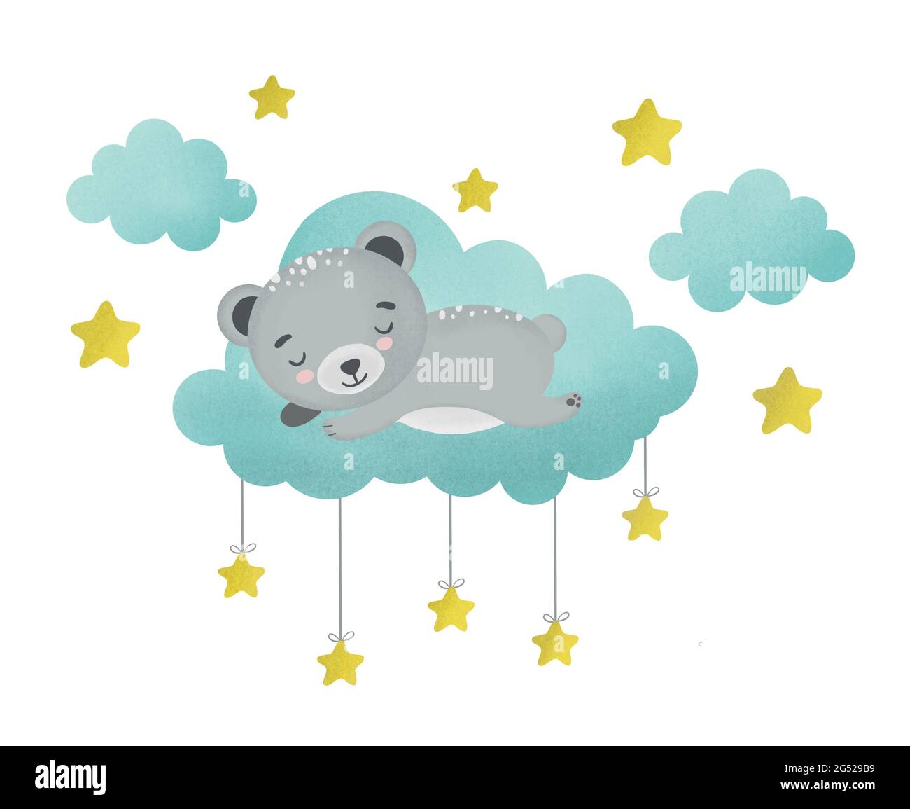 Adorable petit ours en peluche dormant sur le nuage, illustration, œuvres d'art de mode pour enfants, motifs pour bébés pour fonds d'écran et imprimés. Banque D'Images