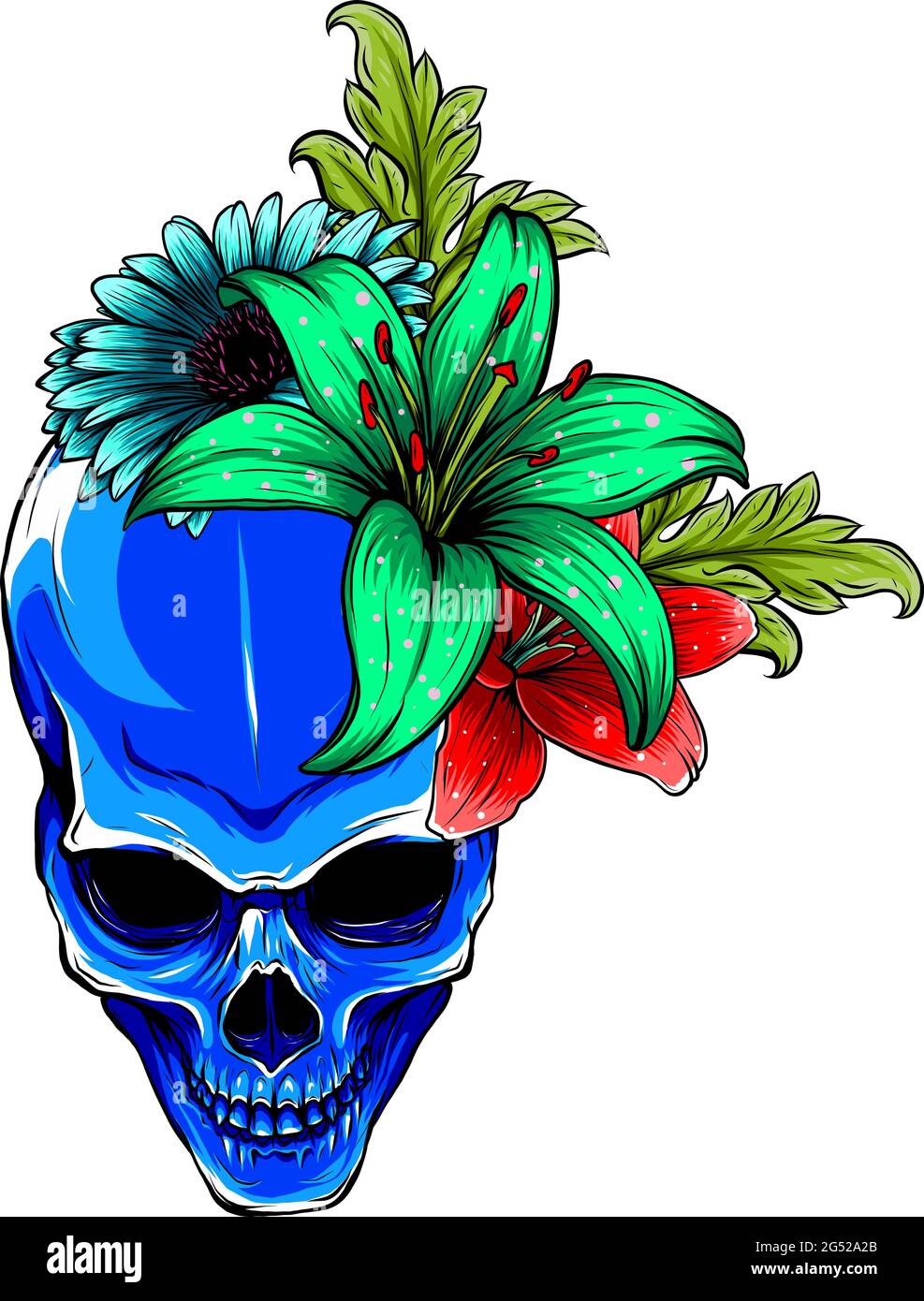 Motif illustration de la tête de mort humaine et des fleurs vectorielles Illustration de Vecteur