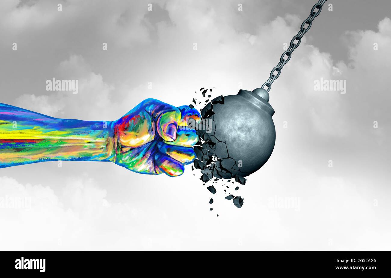 Le pouvoir de la justice sociale en tant que concept abstrait avec un poing peint dans des couleurs diverses représentant la diversité et une communauté puissante. Banque D'Images