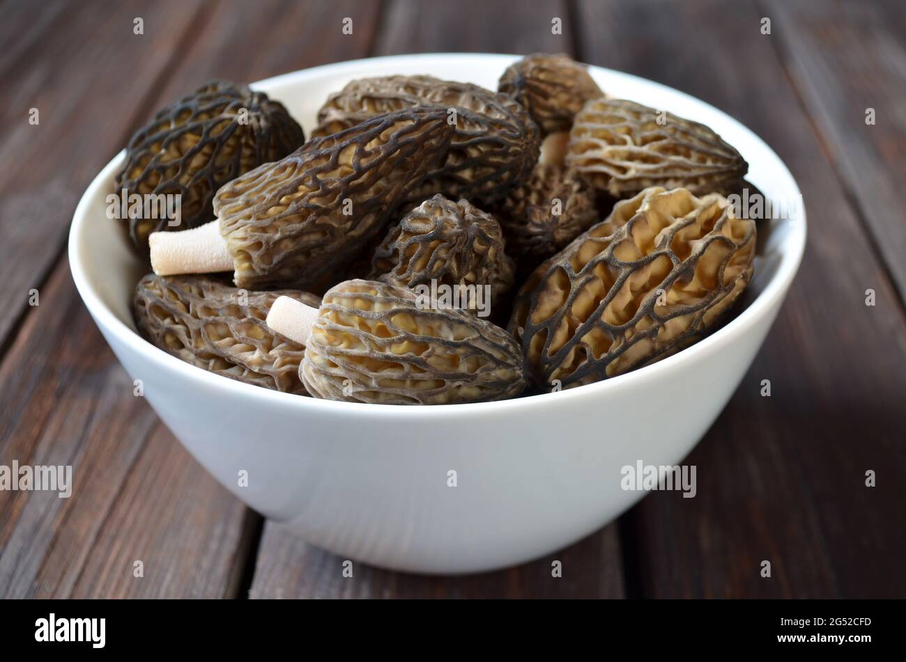 Bol de morilles de printemps fraîchement cueillies sur une table en bois. Gros plan, mise au point sélective Banque D'Images