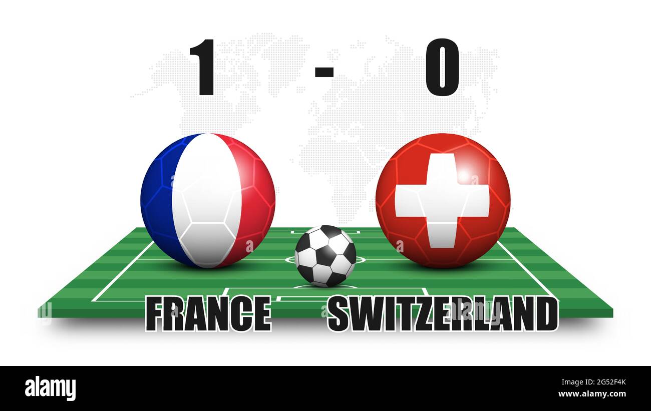 France contre Suisse . Ballon de football et drapeau national sur le  terrain de football perspective . Arrière-plan de la carte du monde Dots .  Résultat du match de football et sc