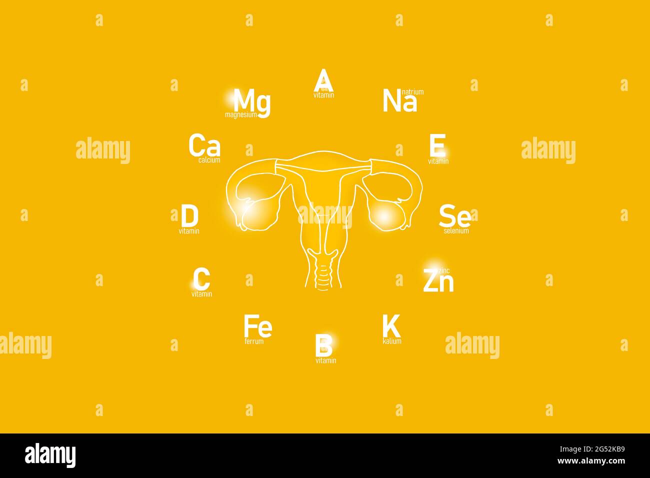 Cadran stylisé avec vitamines et microéléments essentiels pour la santé humaine, utérus dessiné à la main, fond jaune. Banque D'Images