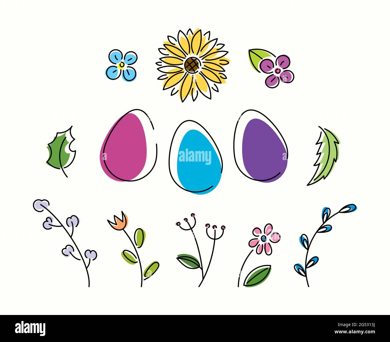 Jeu de printemps lumineux d'oeufs et de fleurs. Joyeuses Pâques aux icônes minimalistes Illustration de Vecteur