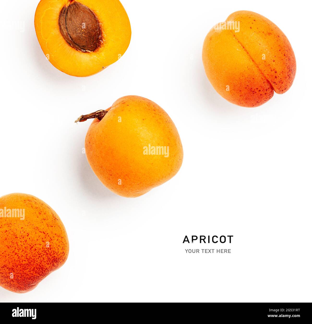 Abricot fruits et graines mise en page créative isolée sur fond blanc. Alimentation saine et diète concept d'alimentation. Composition de fruits frais d'été et des Banque D'Images