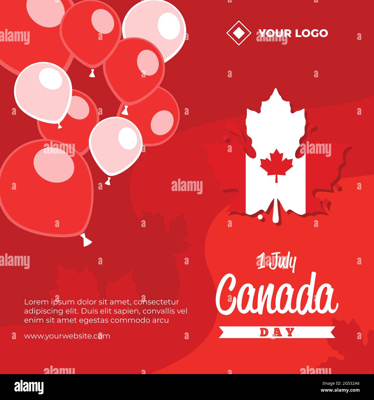 Affiche des médias sociaux de célébration de la fête du Canada sur fond rouge avec ballons et feuilles d'érable. Lettrage calligraphique de la fête du Canada Illustration de Vecteur