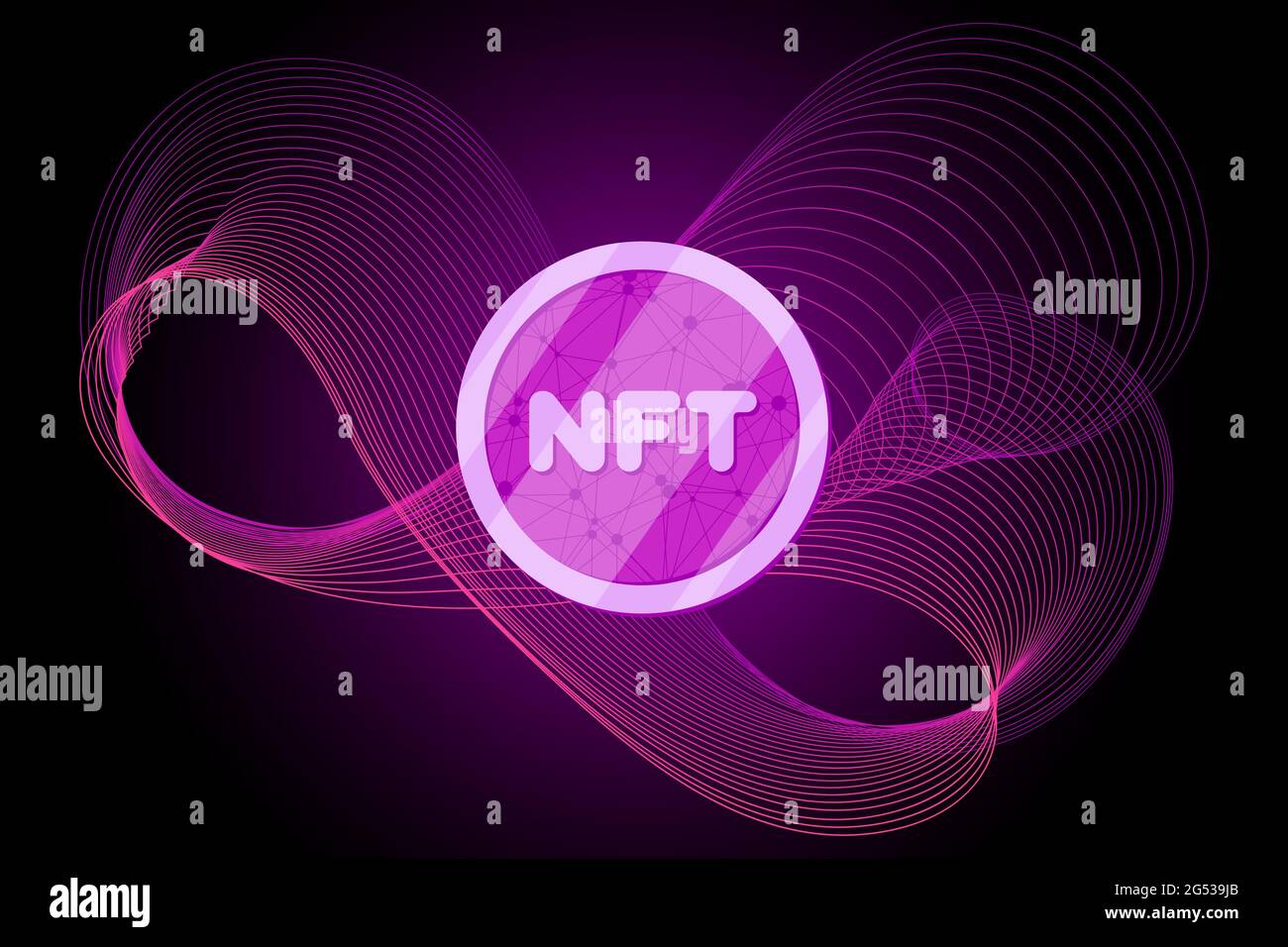 Jeton non fongible NFT sur fond violet lilas linéaire abstrait rayé.Argent en ligne pour acheter poster d'art exclusif.Payez pour des objets de collection uniques dans la bannière de jeux.La technologie blockchain crypto coin eps Illustration de Vecteur
