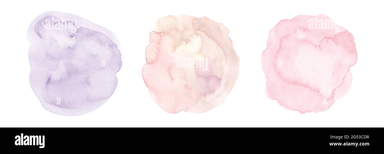 Ensemble de trois formes de pinceau de coloration de cercle rose dégradé violet aquarelle peintes à la main sur fond blanc. Illustration de Vecteur