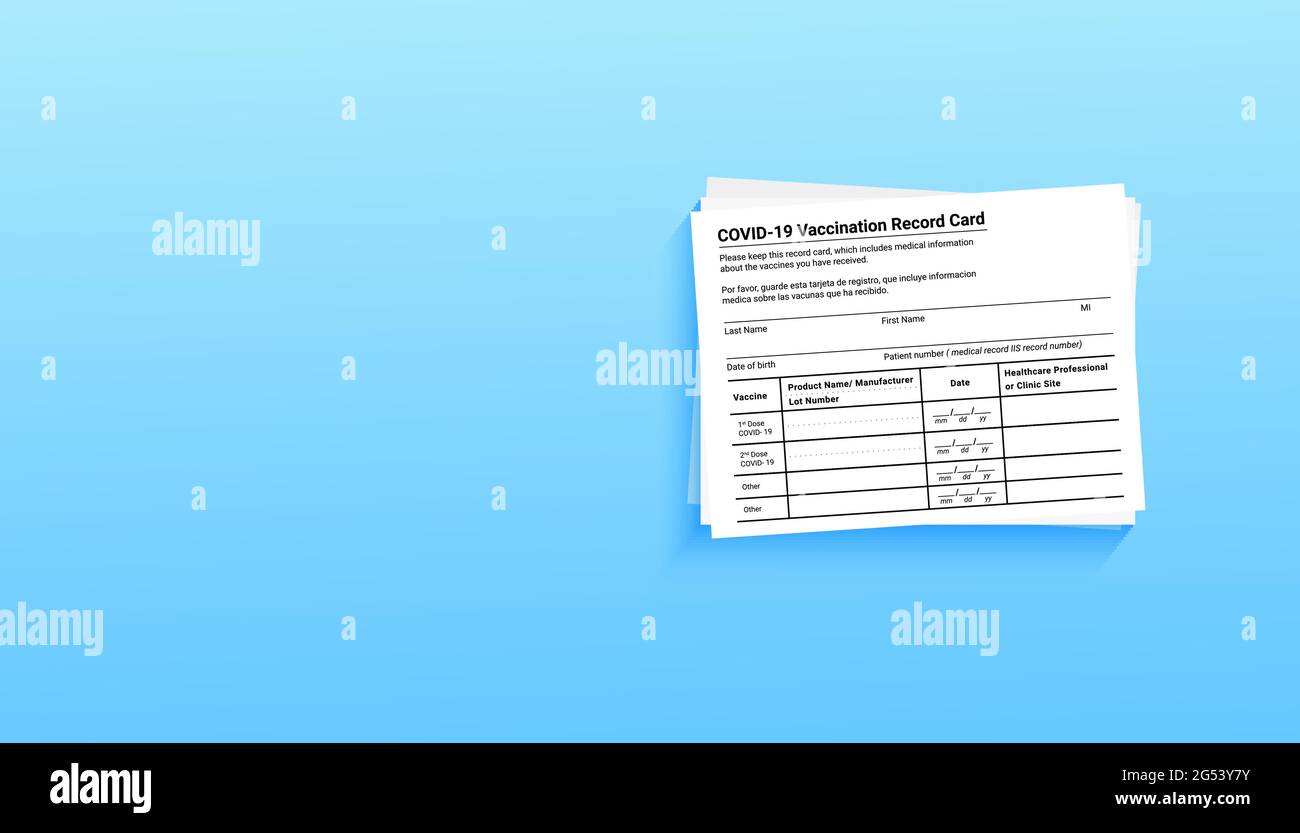 Carte d'enregistrement de vaccination contre le coronavirus sur fond bleu avec espace de copie pour les voyages et les déplacements sans frontières. Formulaire de vaccination pendant le Illustration de Vecteur