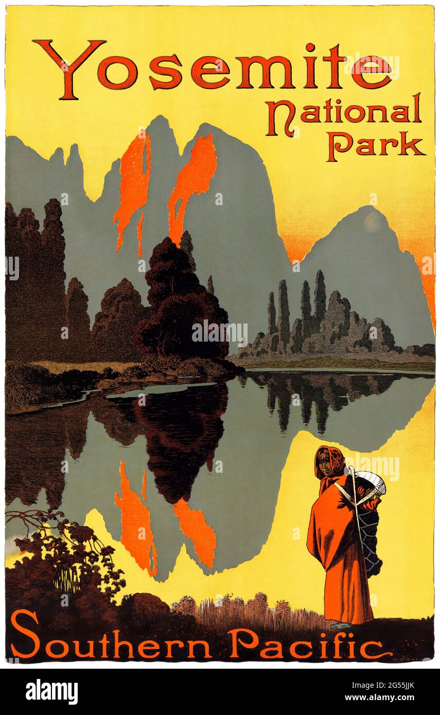 Parc national de Yosemite. Pacifique Sud par William Howell Bull (1861-1940). Affiche ancienne restaurée publiée en 1921 aux États-Unis. Banque D'Images