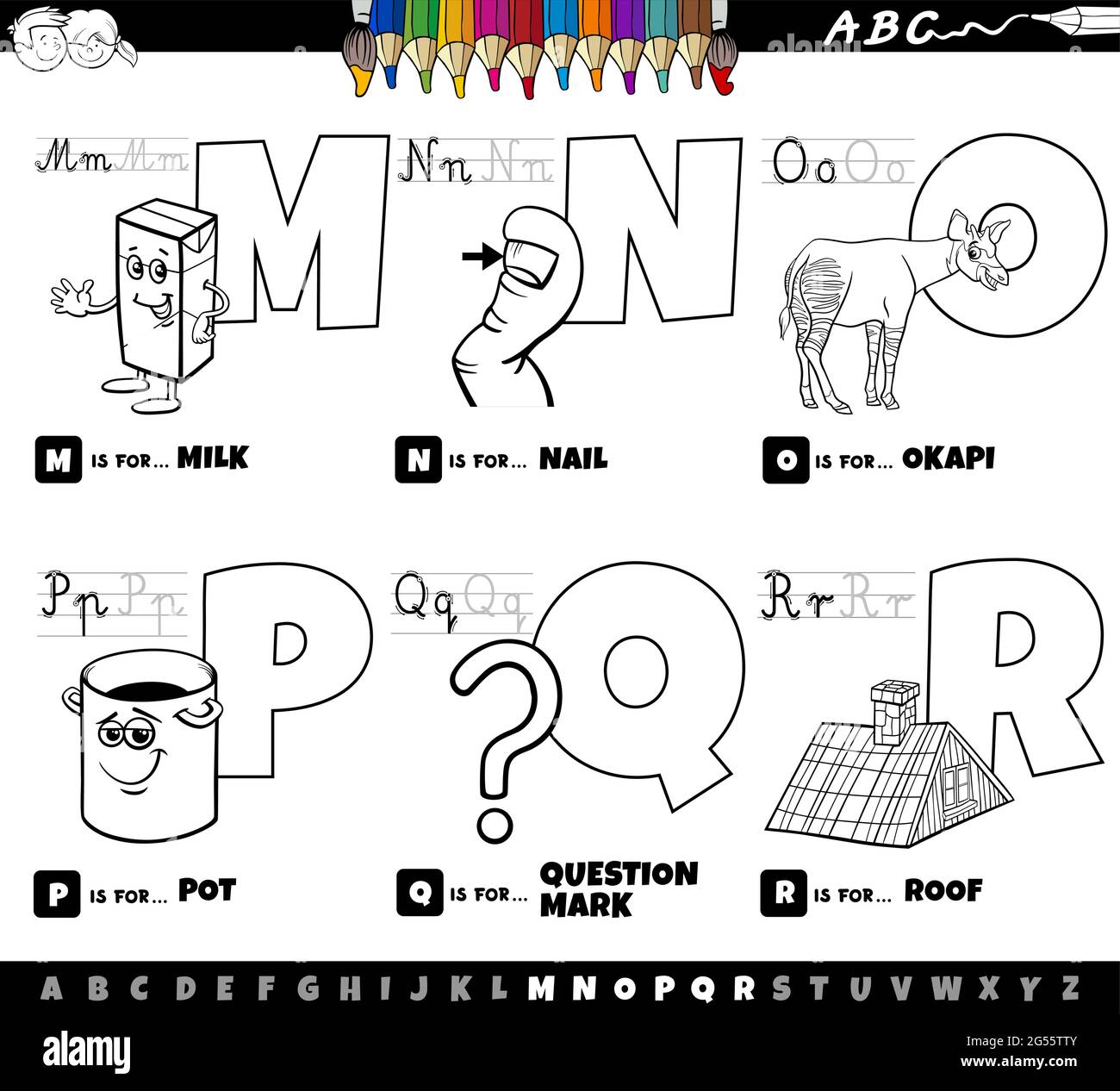 Dessin animé noir et blanc représentant des lettres majuscules de l'alphabet kit éducatif pour la lecture et l'écriture pour les enfants de Coloration M à R b Illustration de Vecteur