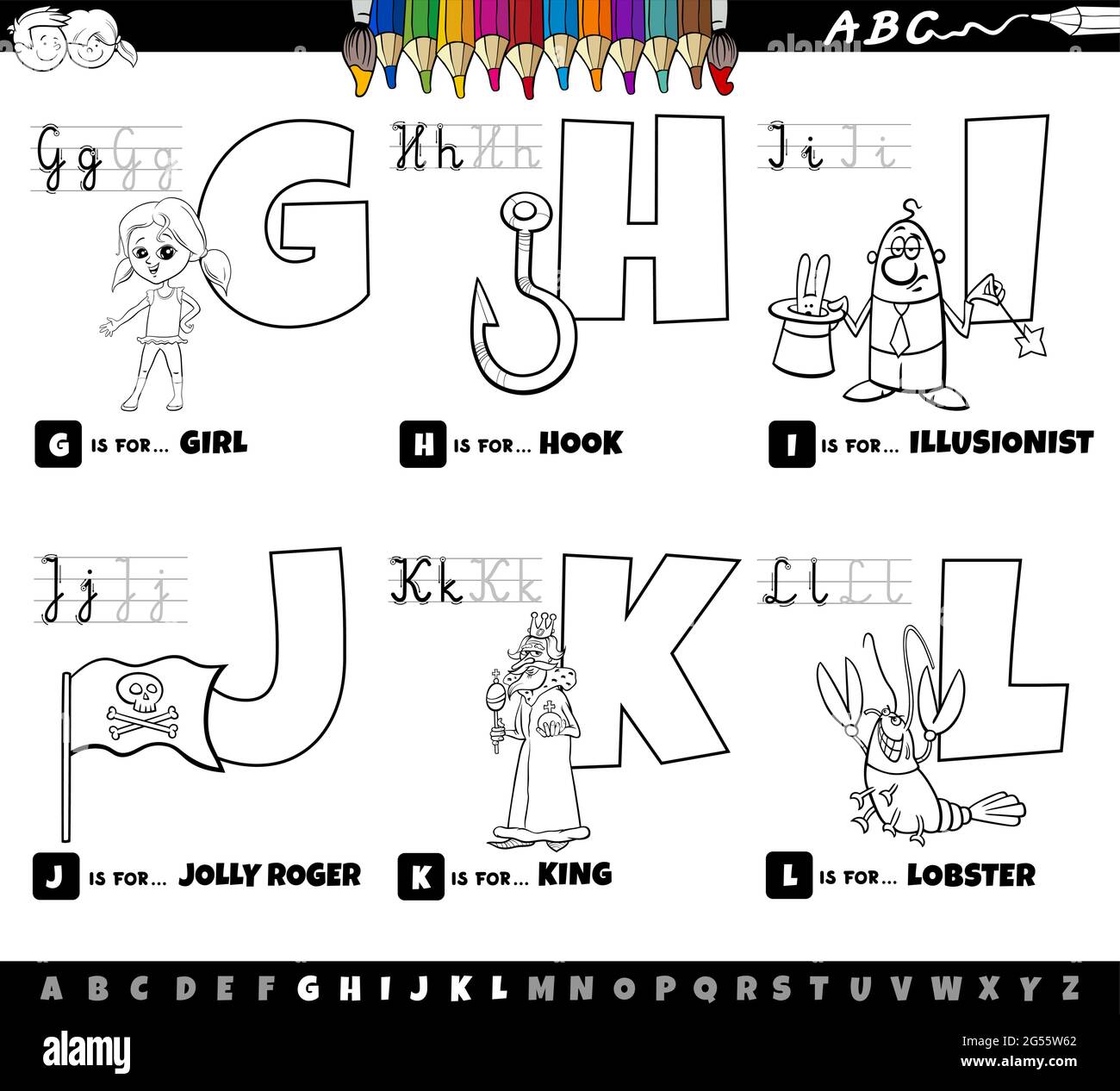 Dessin animé noir et blanc représentant des lettres majuscules de l'alphabet kit éducatif pour la pratique de la lecture et de l'écriture pour les enfants de Couleur G à L Illustration de Vecteur