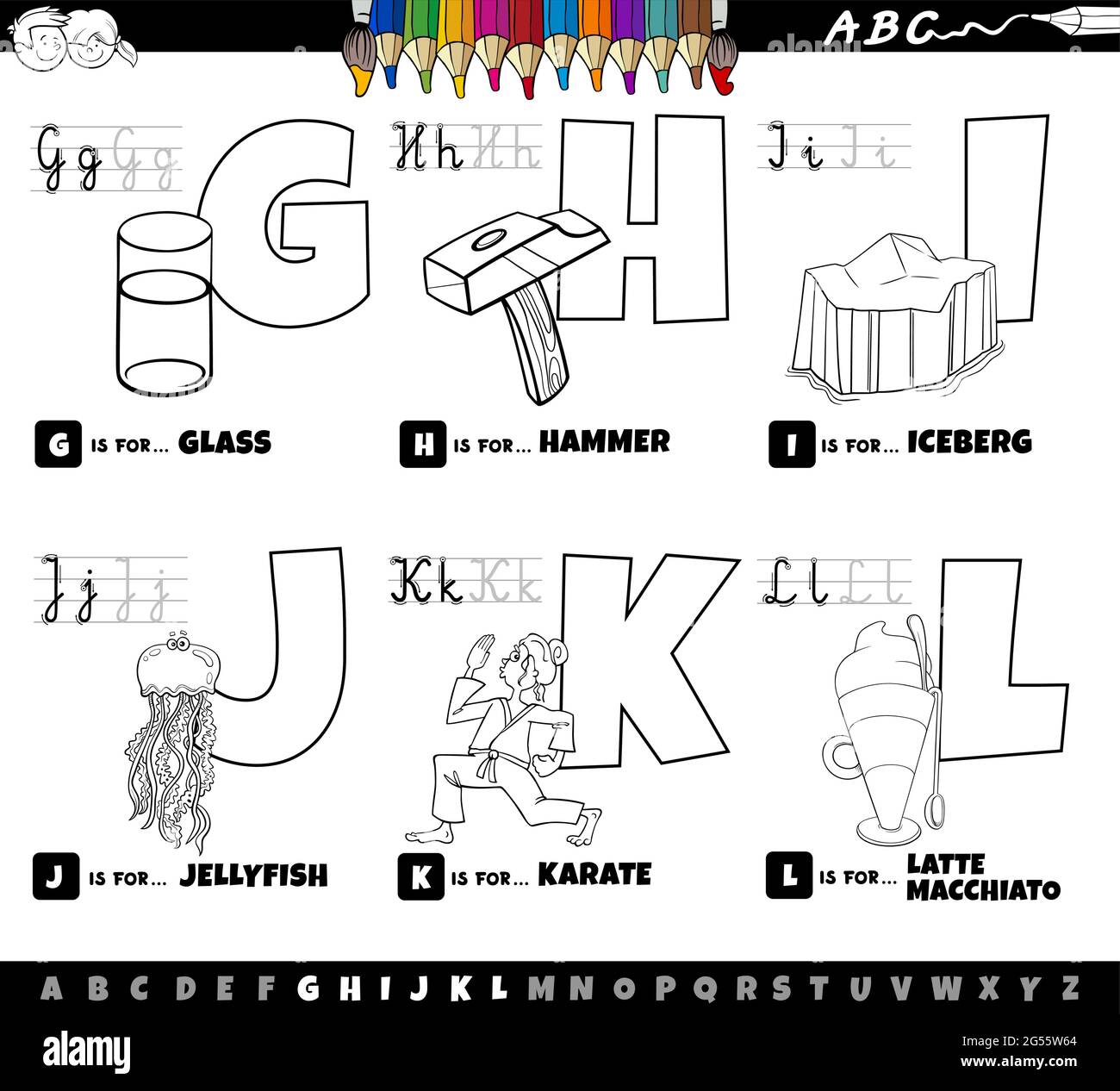 Dessin animé noir et blanc représentant des lettres majuscules de l'alphabet kit éducatif pour la lecture et l'écriture pour les enfants de Coloration G à L b Illustration de Vecteur