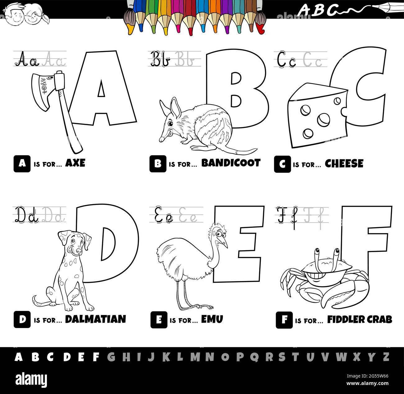 Dessin animé noir et blanc représentant des lettres majuscules de l'alphabet kit éducatif pour la lecture et l'écriture pour les enfants de Coloration a à F b Illustration de Vecteur