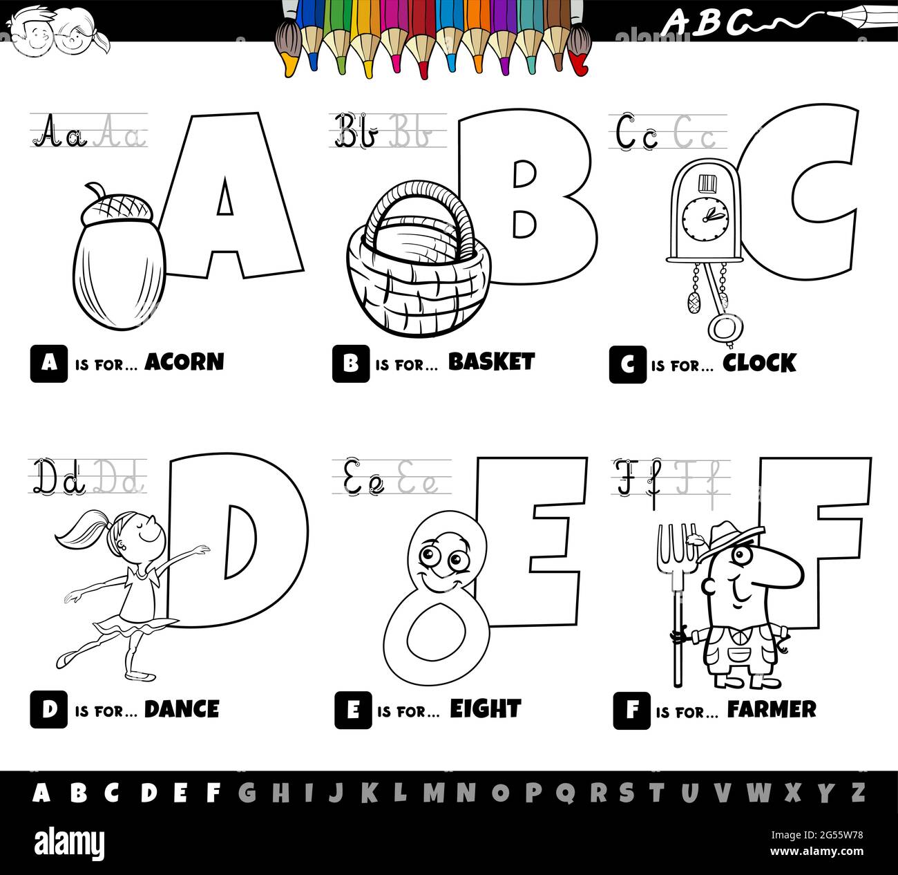 Dessin animé noir et blanc représentant des lettres majuscules de l'alphabet kit éducatif pour la pratique de la lecture et de l'écriture pour les enfants de Couleur a à F Illustration de Vecteur